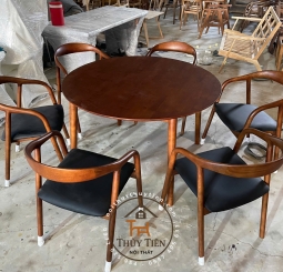 Bộ bàn ăn tròn 6 ghế gỗ ash cao cấp sơn màu óc chó