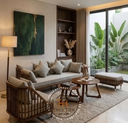 Bộ sofa kết hợp cặp bàn chân V gỗ ash