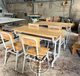 Bàn học chân sắt dày mặt gỗ tự nhiên cho 2 bé