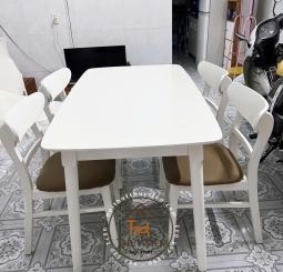 Bộ bàn ăn gỗ cao su tự nhiên Mango sơn trắng ghế mặt nệm