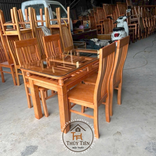 Bàn ăn vuông gỗ sồi 2 tầng 4 ghế - BAV2T 003