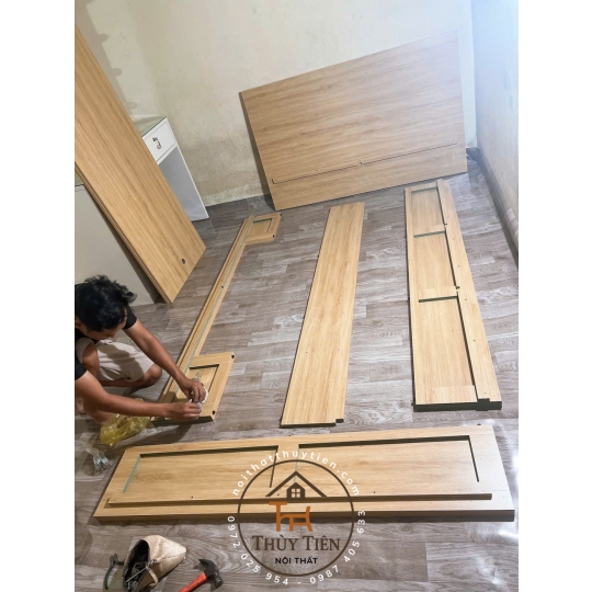 Giường ngủ gỗ MDF lõi xanh đơn giản hiện đại dày 17mm 2 hộc kéo