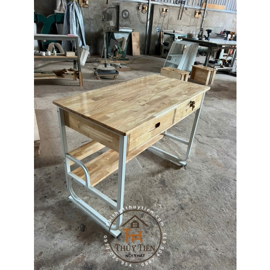 Bàn học sinh chân sắt mặt gỗ cao su tự nhiên - 004