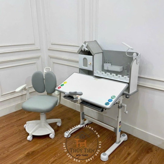 Bộ bàn học sinh- Bàn học sinh chống gù, chống cận,  có kệ sách mới, ghế xoay 360 độ có bánh xe