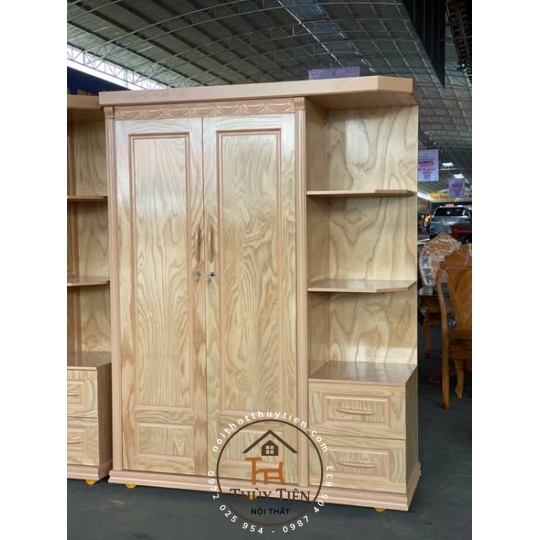 Tủ quần áo gỗ sồi phủ có kệ ngoài