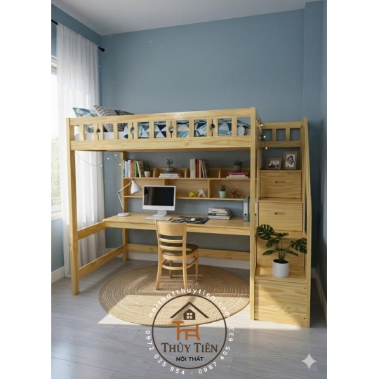 Giường Tầng Kèm Bàn Học Cao Cấp Luster Gỗ Thông Tự Nhiên 100%
