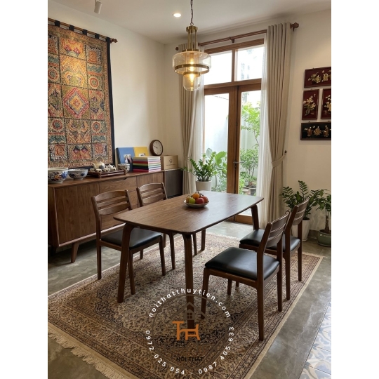 Bộ bàn ăn chân cong kết hợp ghế ăn gỗ ash
