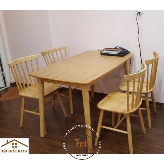 Bộ bàn ăn cao su 7 nan 4 ghế mặt gỗ tự nhiên
