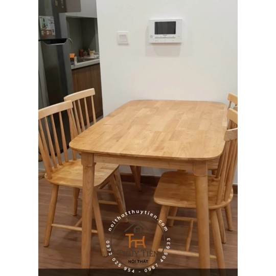 Bộ bàn ăn cao su 7 nan 4 ghế mặt gỗ tự nhiên