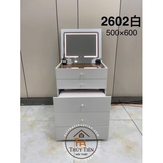 Bàn trang điểm thông minh nhập khẩu gấp gọn đa năng gỗ MDF hàng sơn 2K màu chuẩn đẹp kèm gương led 3 màu