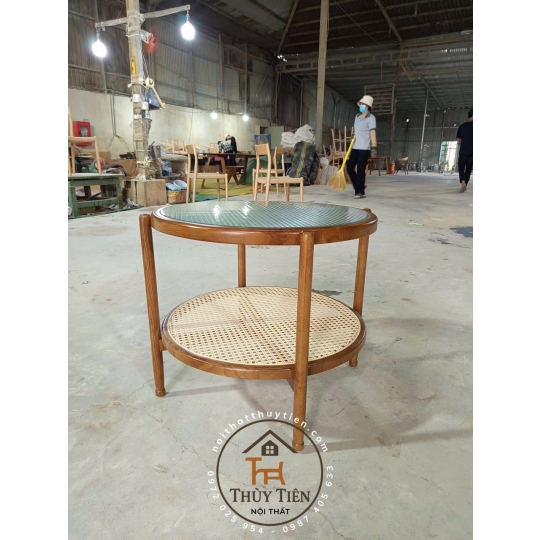 Bàn trà 2 tầng mây Khung gỗ ash