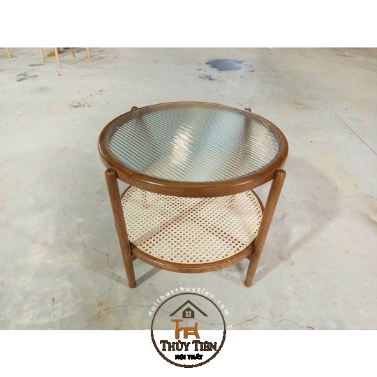 Bàn trà 2 tầng mây Khung gỗ ash