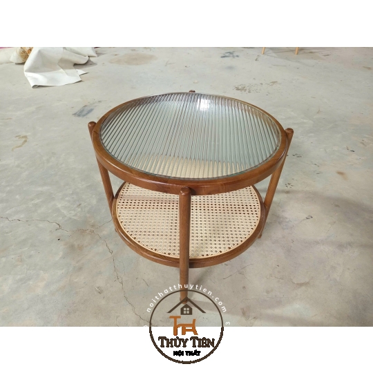 Bàn trà 2 tầng mây Khung gỗ ash