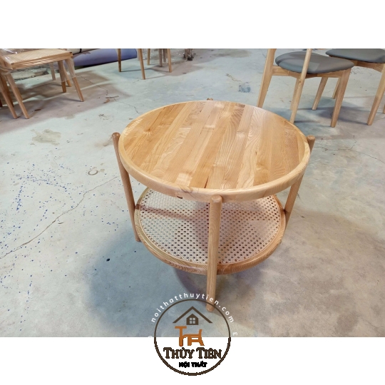 Bàn trà 2 tầng mây Khung gỗ ash