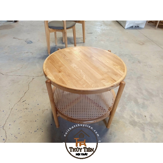 Bàn trà 2 tầng mây Khung gỗ ash