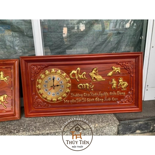 Tranh Đồng Hồ Treo Tường Gỗ Hương Điêu Khắc Nguyên Tấm chữ Cha Mẹ