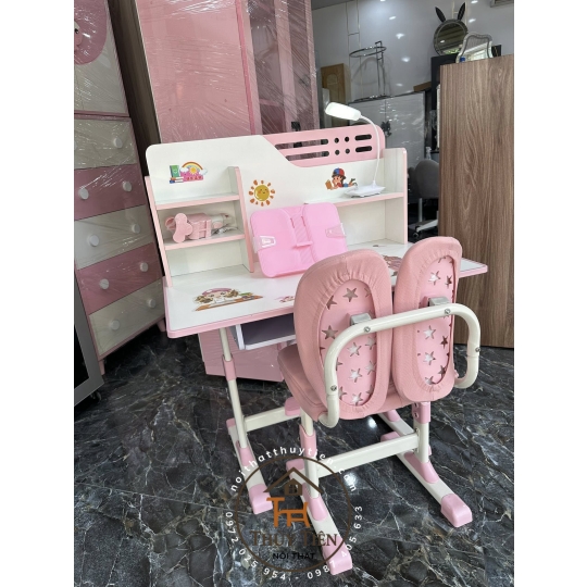 Bộ bàn học sinh- Bàn học sinh chống gù, chống cận,  có kệ sách mới, ghế xoay 360 độ có bánh xe