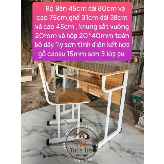 Bàn học sinh chân sắt mặt gỗ cao su tự nhiên kèm ghế - 003