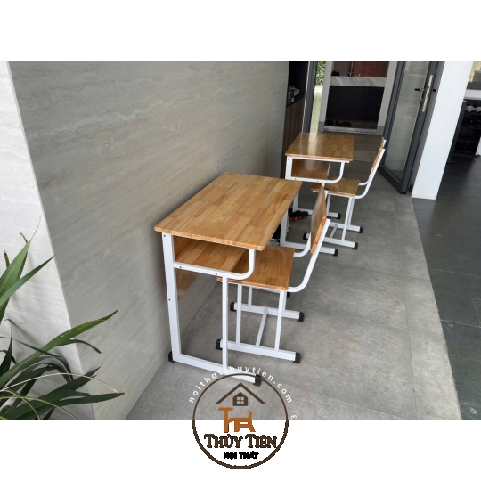 Bàn học sinh chân sắt mặt gỗ cao su tự nhiên kèm ghế - 003