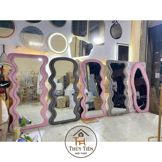 Gương Lượn Sóng Bọc Nỉ Đầu Tròn Nịnh Dáng, Hàng Nỉ Dày Dặn Decor Phòng