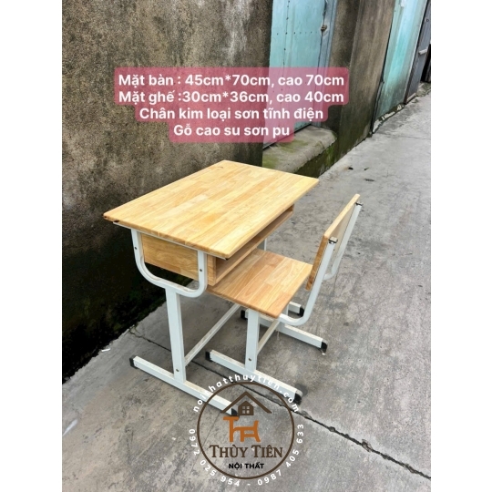Bàn học sinh chân sắt mặt gỗ cao su tự nhiên - 003