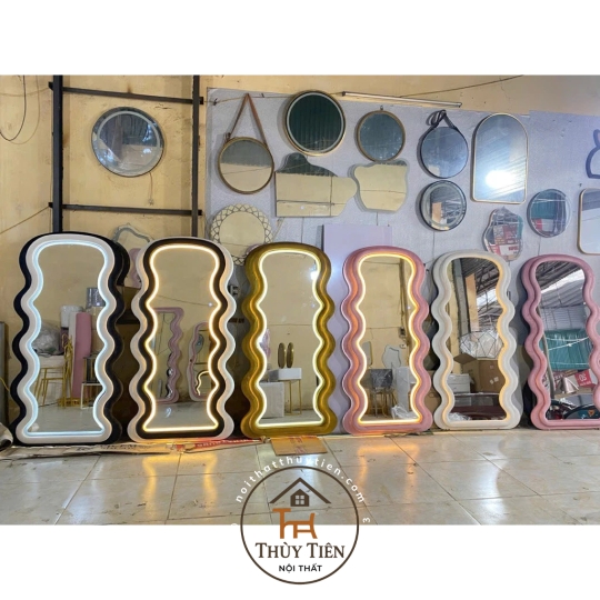 Gương Lượn Sóng Bọc Nỉ Đầu Tròn Nịnh Dáng, Hàng Nỉ Dày Dặn Decor Phòng