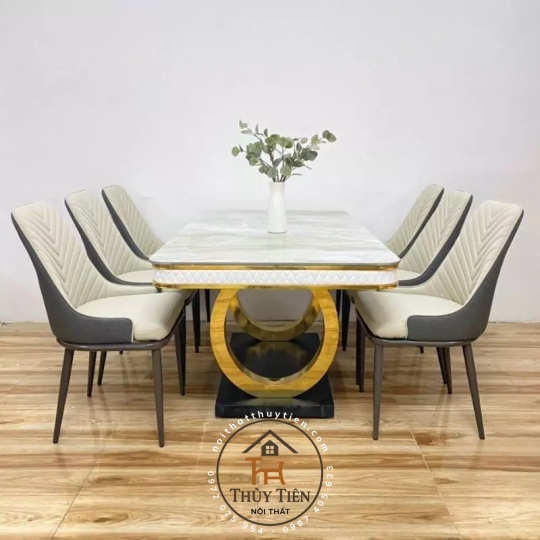 Bộ Bàn Ăn Mặt Đá Cao Cấp 4/6/8 Ghế Xương Cá bọc da PU cao cấp , Thiết Kế Hiện Đại