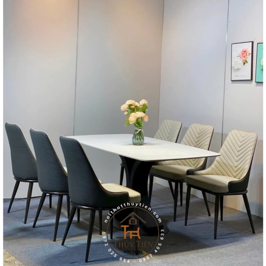 Bộ Bàn Ăn Mặt Đá Cao Cấp 4/6/8 Ghế Xương Cá bọc da PU cao cấp , Thiết Kế Hiện Đại