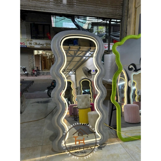 Gương Lượn Sóng Bọc Nỉ Đầu Tròn Nịnh Dáng, Hàng Nỉ Dày Dặn Decor Phòng