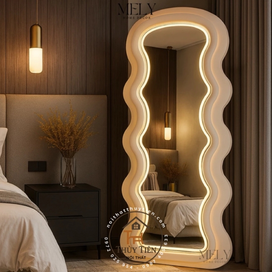 Gương Lượn Sóng Bọc Nỉ Đầu Tròn Nịnh Dáng, Hàng Nỉ Dày Dặn Decor Phòng