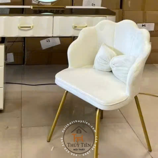 Ghế Vương Miện Thiết Kế Nỉ Nhung Cao Cấp, Kèm Gối Nơ Tinh Tế, Phù Hợp Cho Bàn Makeup và Làm Nail Sang Trọng