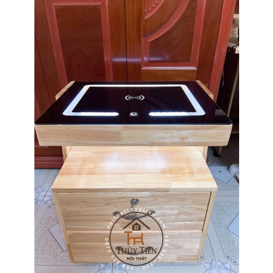 Tủ đầu giường gỗ cao su kiêm loa bluetooth kết hợp sạc điện thoại ko dây có ngăn ẩn giấu tiền thẻ từ 