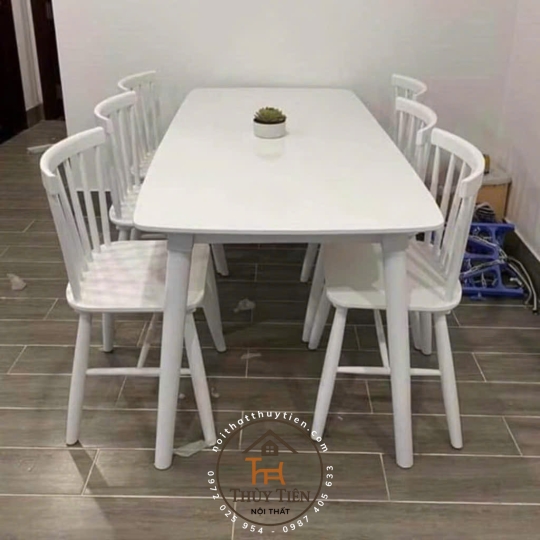 Bộ bàn ăn cao su 7 nan 4 ghế 6 ghế màu trắng giá rẻ