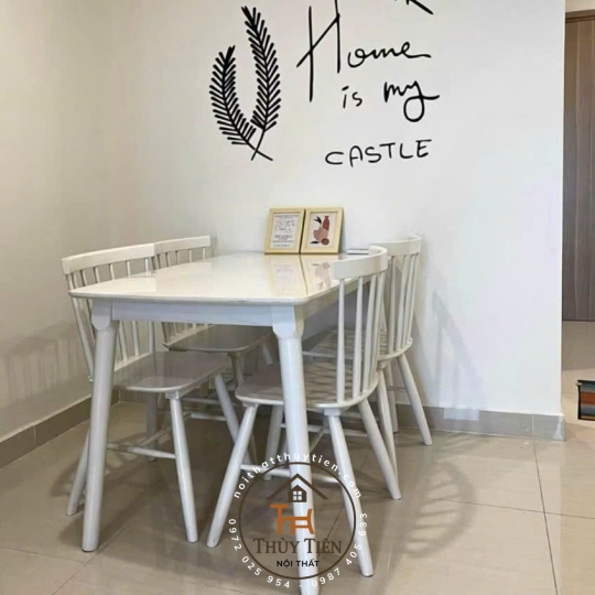 Bộ bàn ăn cao su 7 nan 4 ghế 6 ghế màu trắng giá rẻ