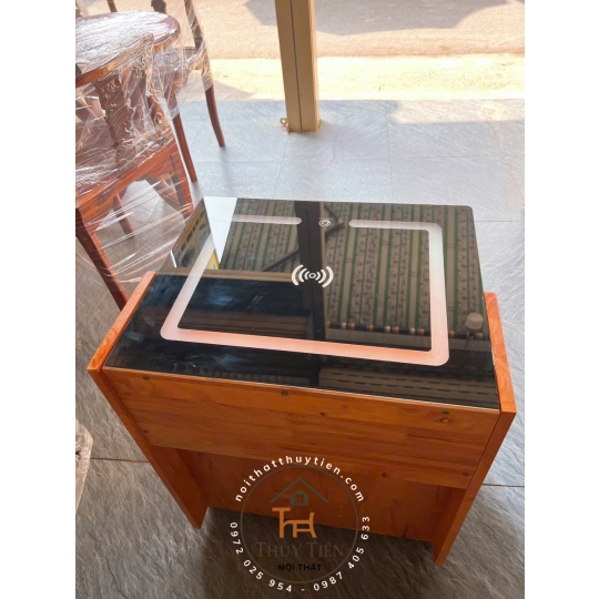 Tủ đầu giường gỗ cao su kiêm loa bluetooth kết hợp sạc điện thoại ko dây có ngăn ẩn giấu tiền thẻ từ 