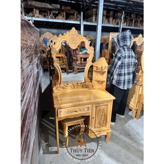 Bàn trang điểm gỗ gõ đỏ ngang 80cm kèm ghế