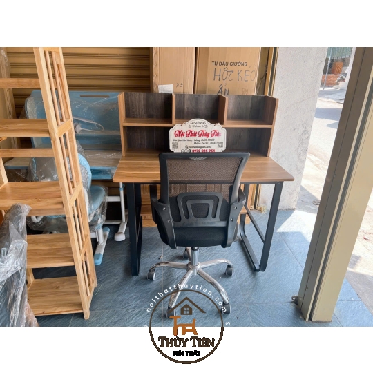 Bàn học kèm giá sách, chân sắt chữ U sơn tĩnh điện, mặt gỗ MDF phủ Melamine chống thấm chống xước