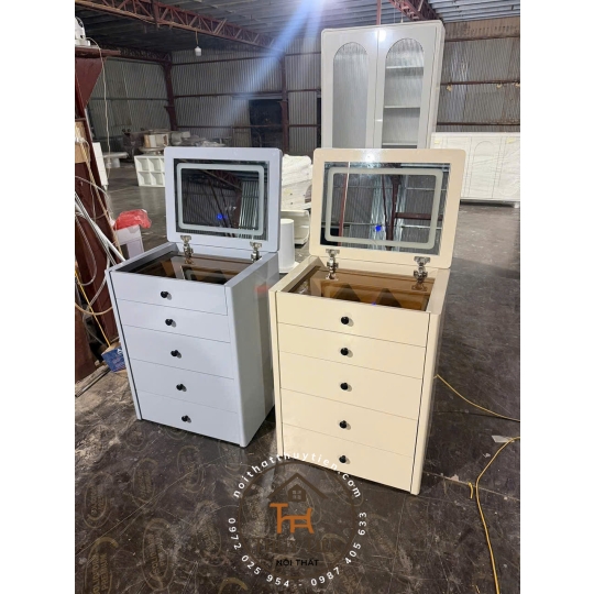 Bàn trang điểm thông minh gấp gọn đa năng gỗ MDF hàng sơn 2K màu chuẩn đẹp kèm gương led 3 màu