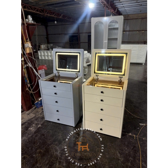 Bàn trang điểm thông minh gấp gọn đa năng gỗ MDF hàng sơn 2K màu chuẩn đẹp kèm gương led 3 màu