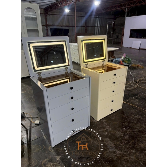 Bàn trang điểm thông minh gấp gọn đa năng gỗ MDF hàng sơn 2K màu chuẩn đẹp kèm gương led 3 màu