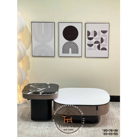 Bàn Sofa- Bàn trà nhập khẩu mặt kính công nghệ vân đá hiện đại phù hợp cho phòng khách