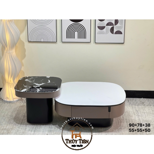 Bàn Sofa- Bàn trà nhập khẩu mặt kính công nghệ vân đá hiện đại phù hợp cho phòng khách