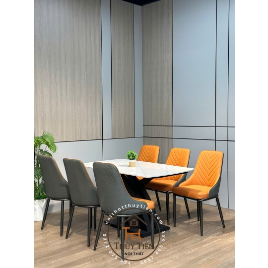 Bộ Bàn Ăn Mặt Đá Cao Cấp 4/6/8 Ghế Xương Cá bọc da PU cao cấp , Thiết Kế Hiện Đại
