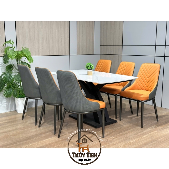 Bộ Bàn Ăn Mặt Đá Cao Cấp 4/6/8 Ghế Xương Cá bọc da PU cao cấp , Thiết Kế Hiện Đại