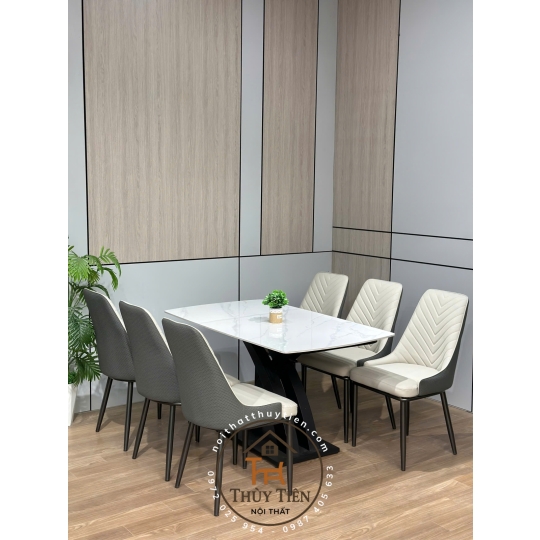 Bộ Bàn Ăn Mặt Đá Cao Cấp 4/6/8 Ghế Xương Cá bọc da PU cao cấp , Thiết Kế Hiện Đại