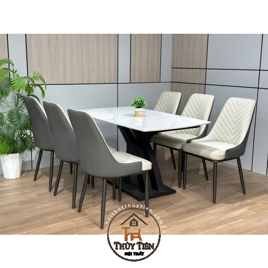 Bộ Bàn Ăn Mặt Đá Cao Cấp 4/6/8 Ghế Xương Cá bọc da PU cao cấp , Thiết Kế Hiện Đại