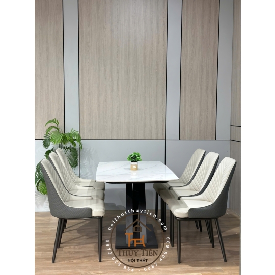 Bộ Bàn Ăn Mặt Đá Cao Cấp 4/6/8 Ghế Xương Cá bọc da PU cao cấp , Thiết Kế Hiện Đại
