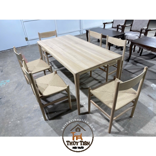 Bộ bàn neva ghế chân tiện đan dây CH36 sơn màu mộc gỗ ash cao cấp theo yêu cầu khách