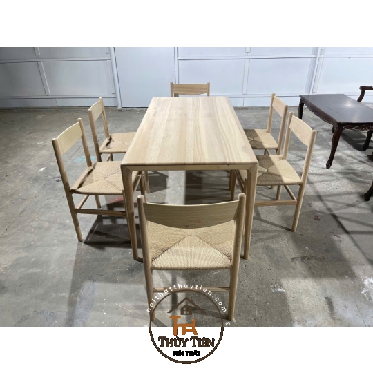 Bộ bàn neva ghế chân tiện đan dây CH36 sơn màu mộc gỗ ash cao cấp theo yêu cầu khách