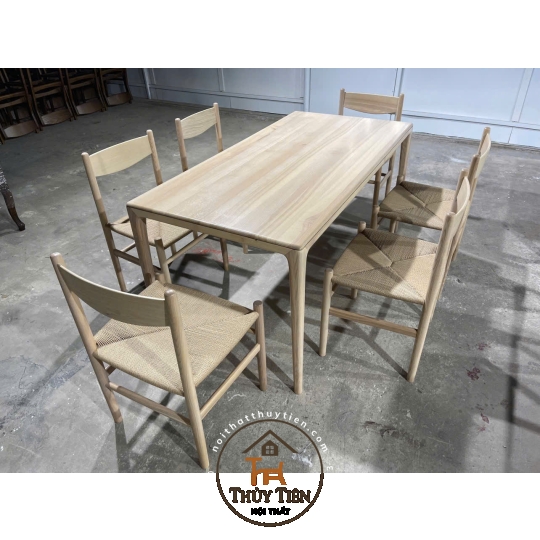 Bộ bàn neva ghế chân tiện đan dây CH36 sơn màu mộc gỗ ash cao cấp theo yêu cầu khách